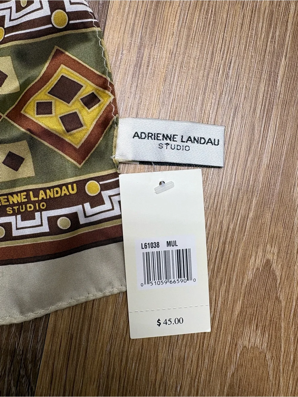Adrienne Landau Olive, Brown & Yellow Geometric Silk Scarf